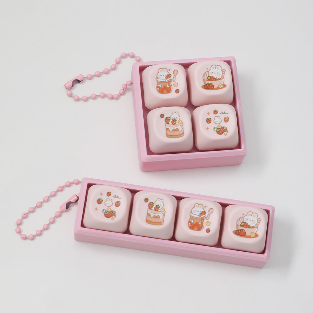 Kawaii Strawberry Bunny 4-Key Clicker Fidget Toy Pink Pastry Rabbit Stress Relief Keychain