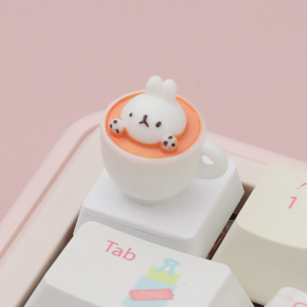 Cute Bunny Coffee Cup Artisan Keycap, 3D Handmade Resin Keycap for Mechanical Keyboard