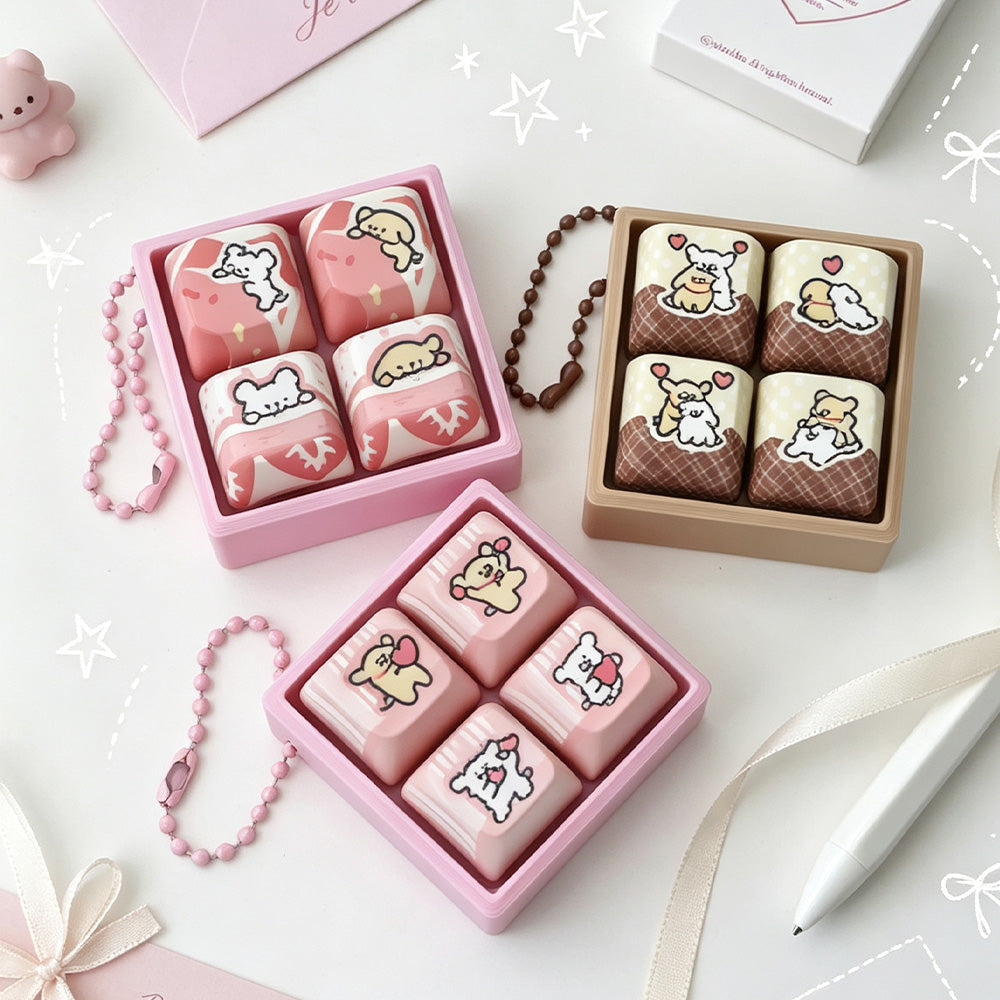Cute Hugging Puppy Square 4-Key Mini Fidget Keyboard Keychain, 3 Styles