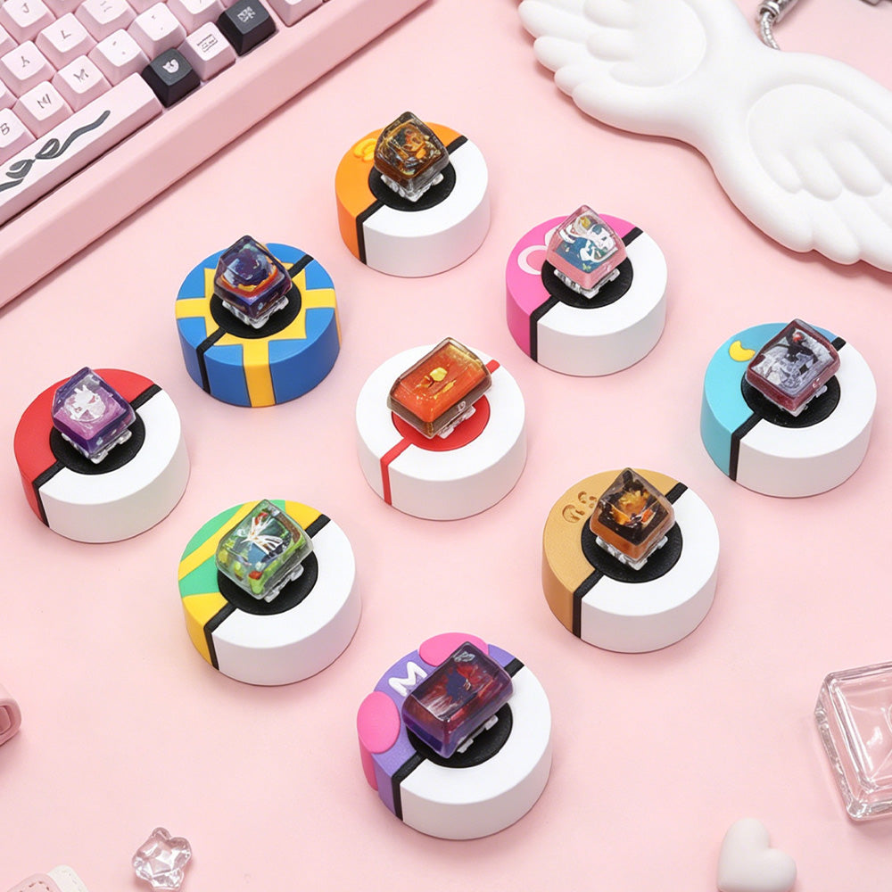 Pokémon Themed Resin Artisan Keycap with Poké Ball Display Stand 3-Piece Set
