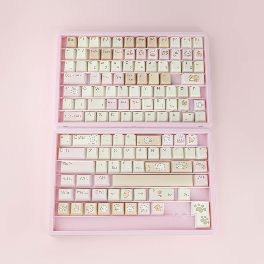 Cute Bunny & Dessert Themed PBT Keycap Set - Pastel Beige & Pink for Mechanical Keyboards