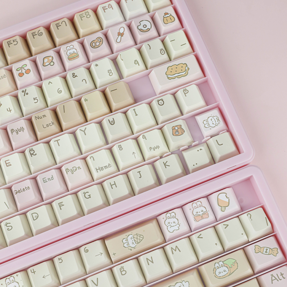 Cute Bunny & Dessert Themed PBT Keycap Set - Pastel Beige & Pink for Mechanical Keyboards