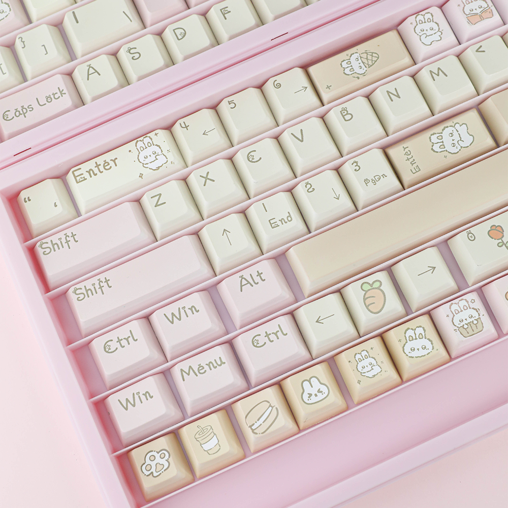 Cute Bunny & Dessert Themed PBT Keycap Set - Pastel Beige & Pink for Mechanical Keyboards