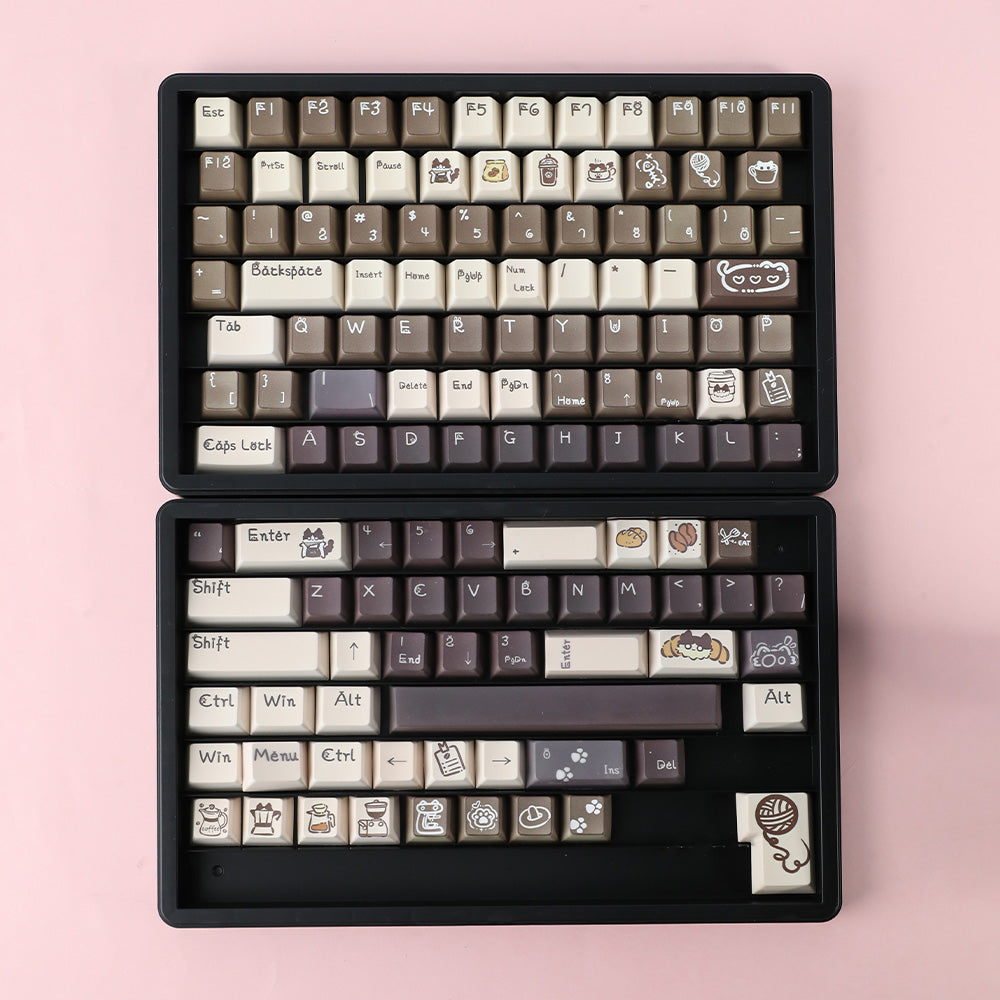 Cute Cat & Coffee Themed PBT Keycap Set - Brown Beige Tones for Mechanical Keyboards