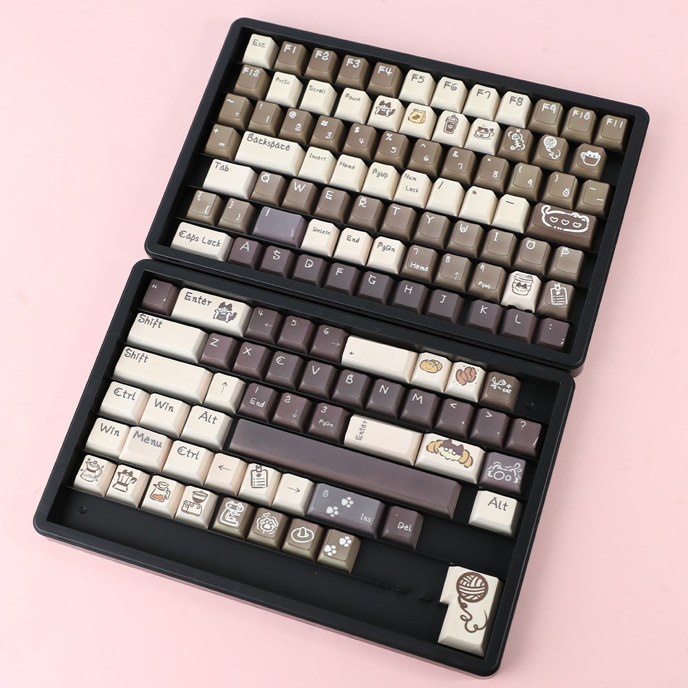 Cute Cat & Coffee Themed PBT Keycap Set - Brown Beige Tones for Mechanical Keyboards