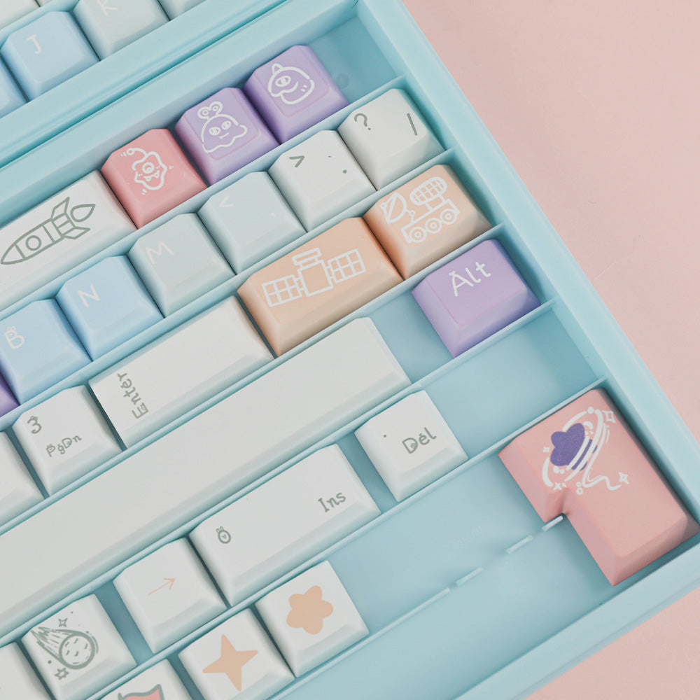 Pastel Space Adventure 142-Key PBT Dye-Sub Keycap Set, Cute Rocket & Planet Keycaps for Mechanical Keyboards