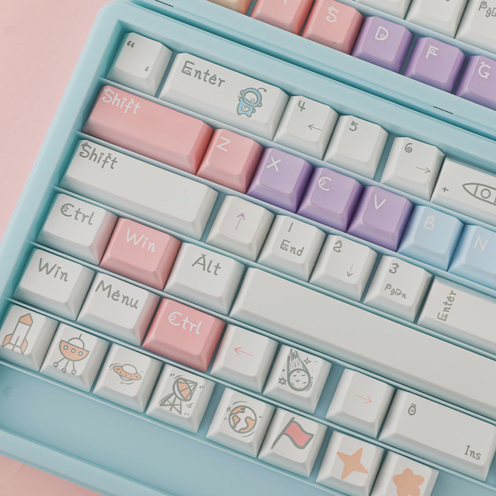 Pastel Space Adventure 142-Key PBT Dye-Sub Keycap Set, Cute Rocket & Planet Keycaps for Mechanical Keyboards
