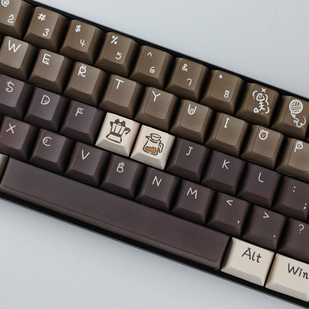 Cute Cat & Coffee Themed PBT Keycap Set - Brown Beige Tones for Mechanical Keyboards
