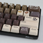 Cute Cat & Coffee Themed PBT Keycap Set - Brown Beige Tones for Mechanical Keyboards