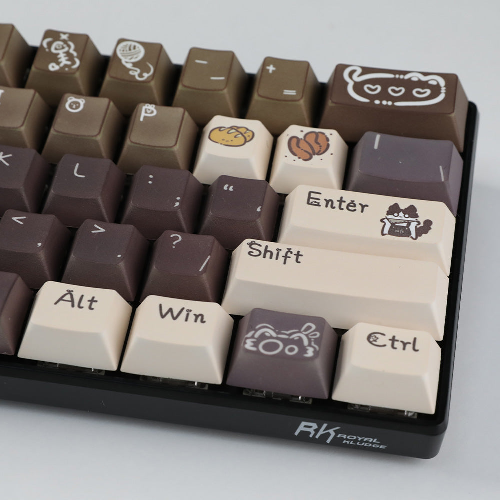 Cute Cat & Coffee Themed PBT Keycap Set - Brown Beige Tones for Mechanical Keyboards