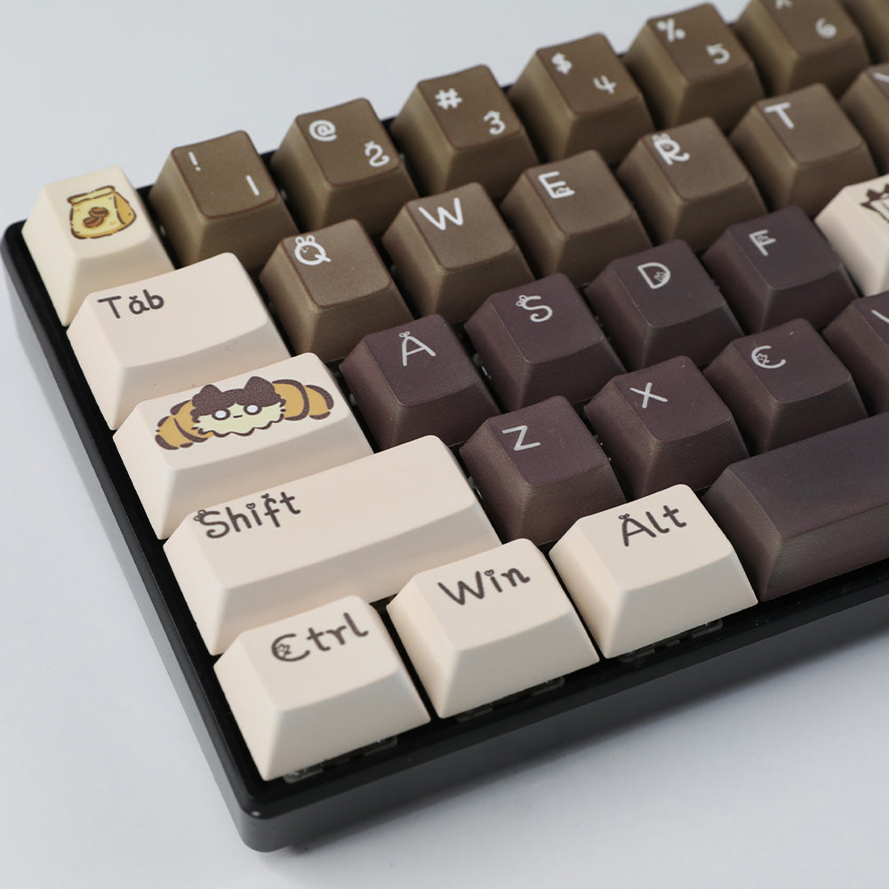 Cute Cat & Coffee Themed PBT Keycap Set - Brown Beige Tones for Mechanical Keyboards