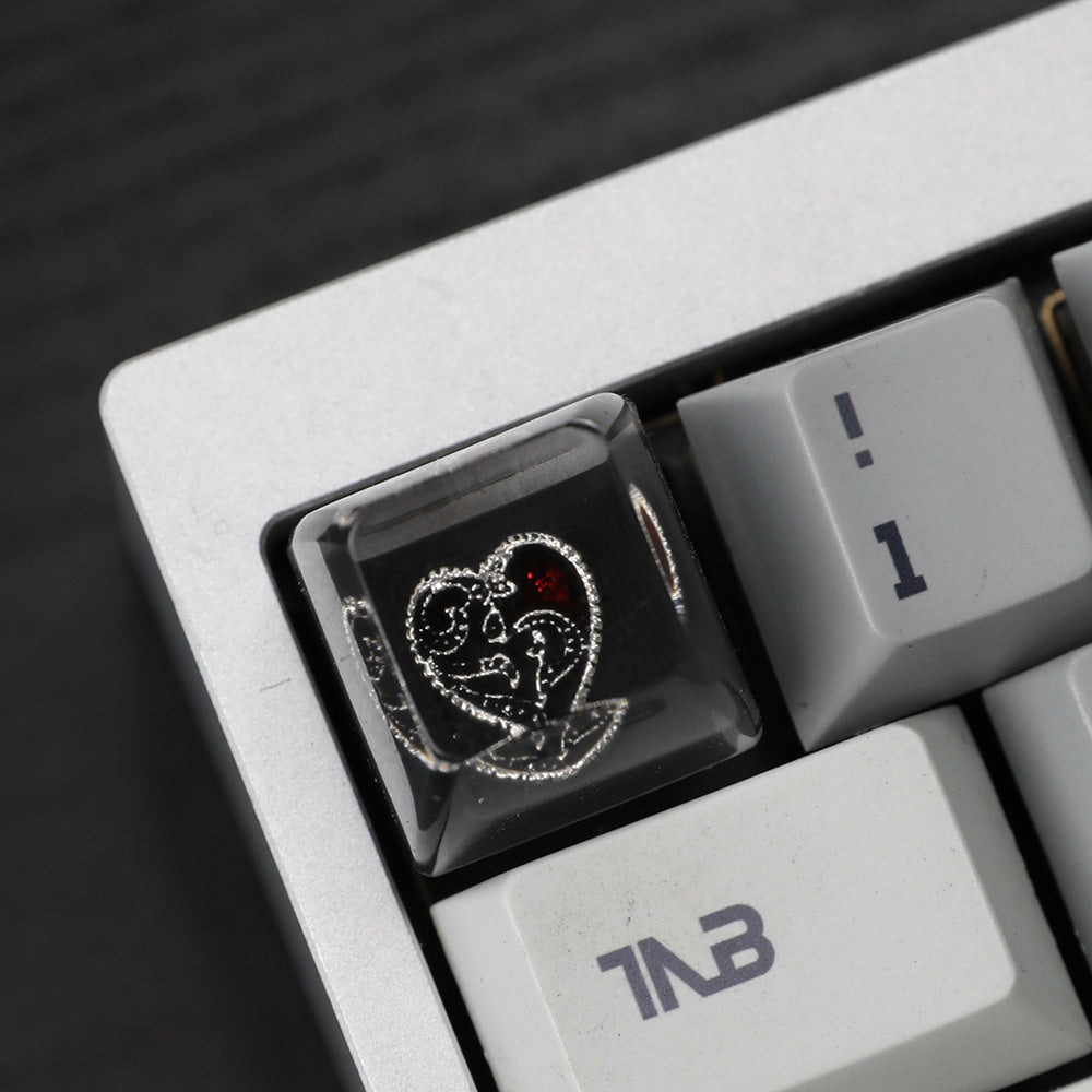 Vintage Heart Pattern Resin Artisan Keycap with Red Gem Accent