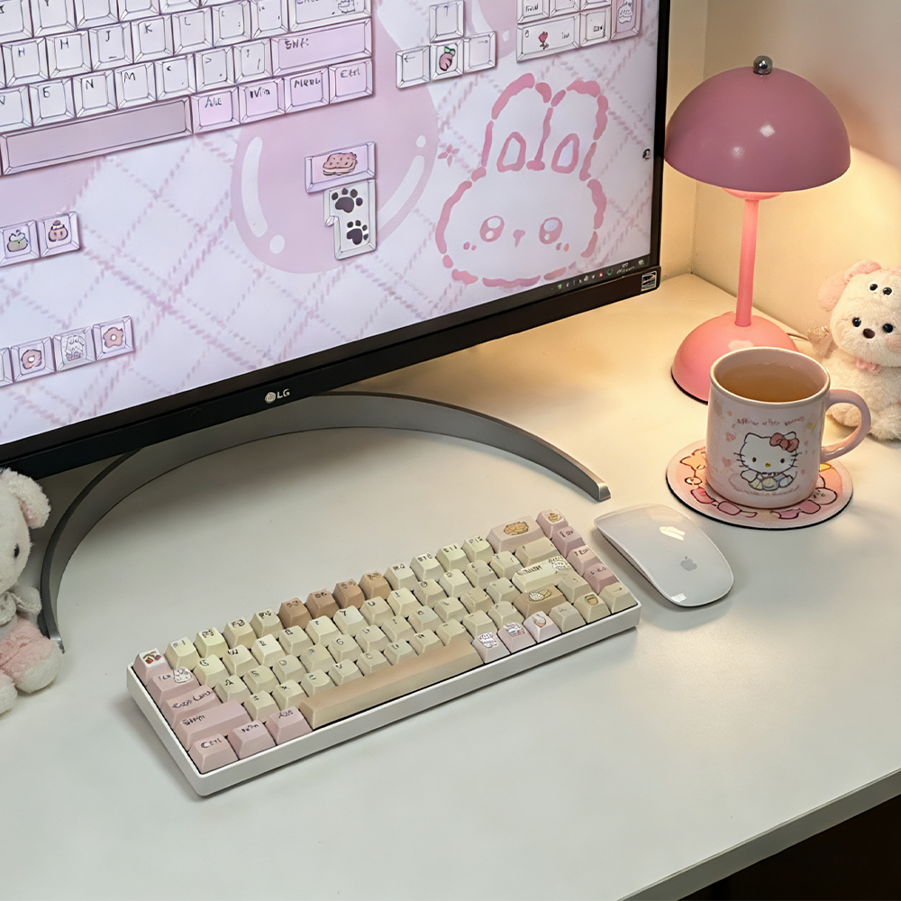 Cute Bunny & Dessert Themed PBT Keycap Set - Pastel Beige & Pink for Mechanical Keyboards