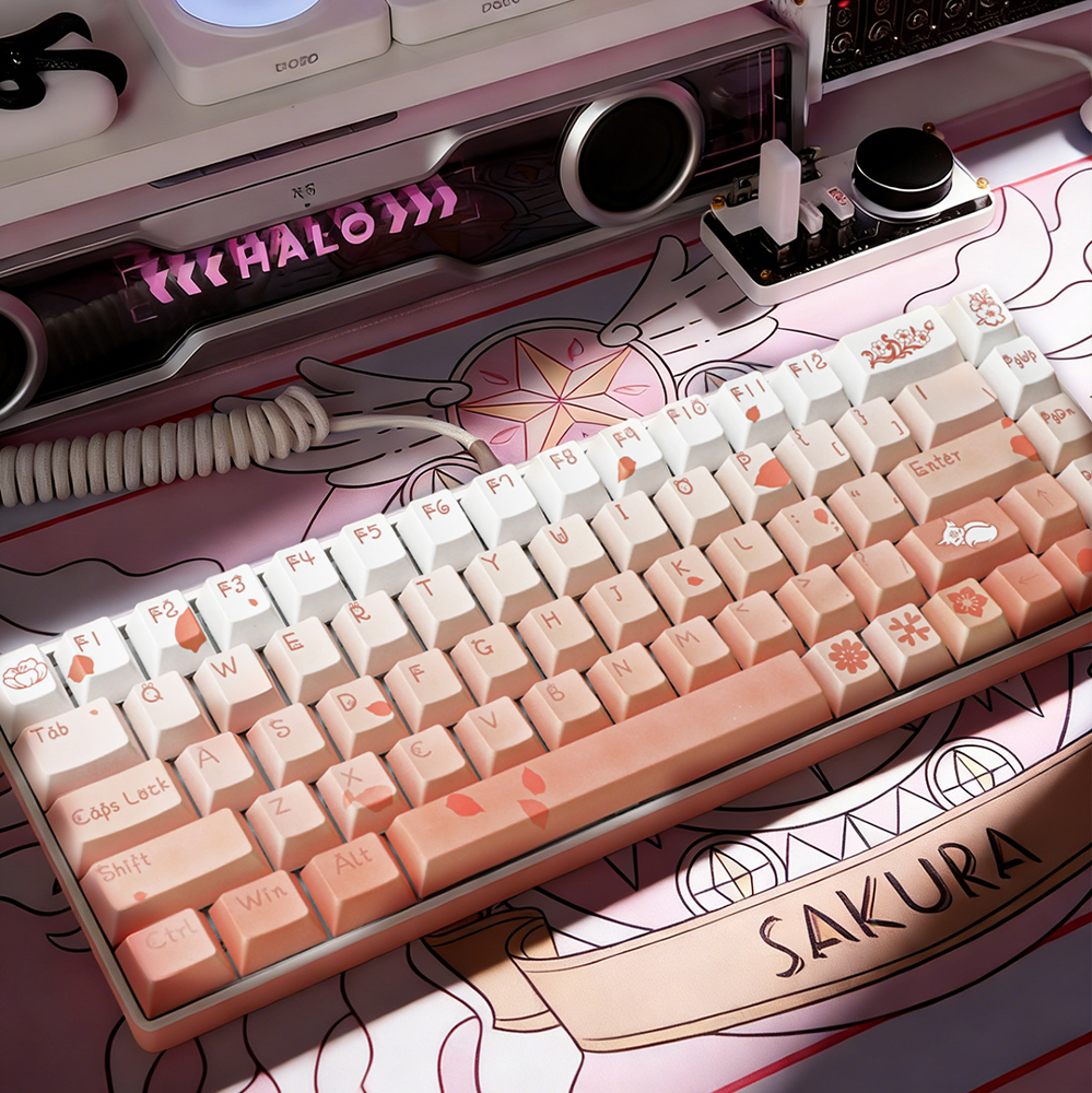Cherry Blossom Gradient PBT Keycap Set, 132 Keys Dye-Sublimated Pink/White Keycaps for Mechanical Keyboards