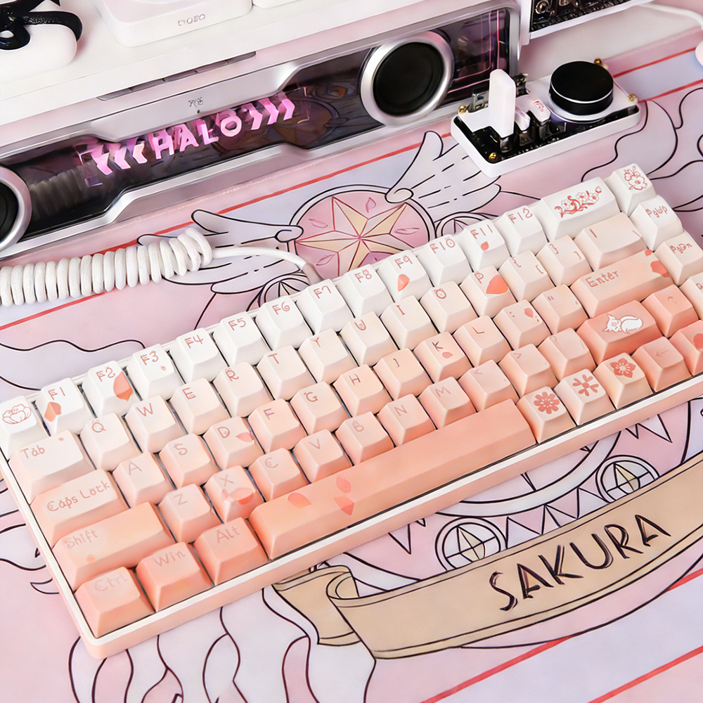Cherry Blossom Gradient PBT Keycap Set, 132 Keys Dye-Sublimated Pink/White Keycaps for Mechanical Keyboards