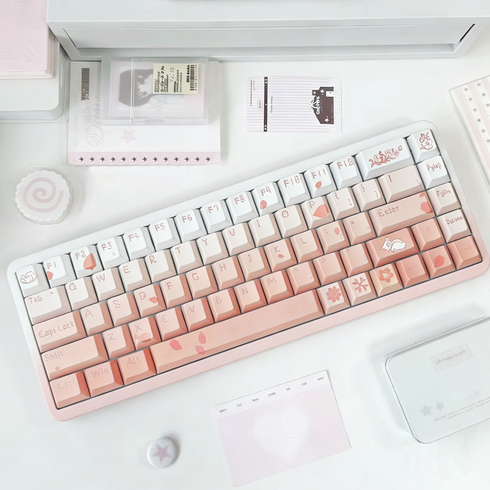 Cherry Blossom Gradient PBT Keycap Set, 132 Keys Dye-Sublimated Pink/White Keycaps for Mechanical Keyboards