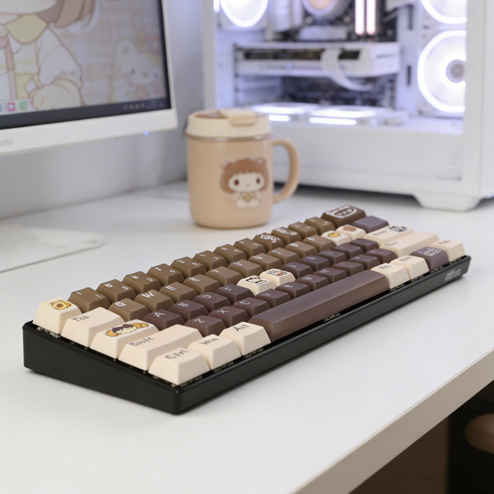 Cute Cat & Coffee Themed PBT Keycap Set - Brown Beige Tones for Mechanical Keyboards