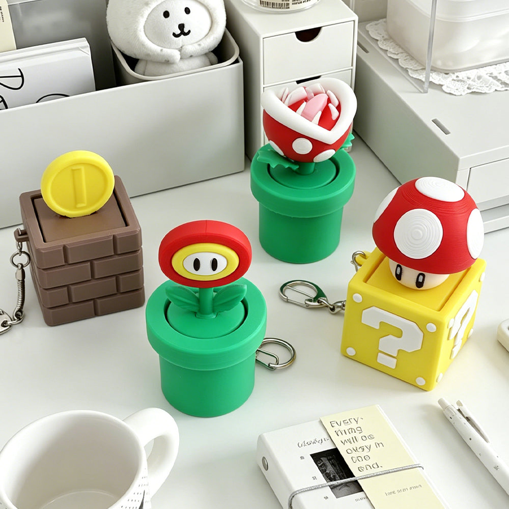 Mario Bros Interactive Pop-Up Fidget Keychains - Fire Flower, Piranha Plant, Mushroom & Coin Block
