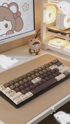 Cute Cat & Coffee Themed PBT Keycap Set - Brown Beige Tones for Mechanical Keyboards
