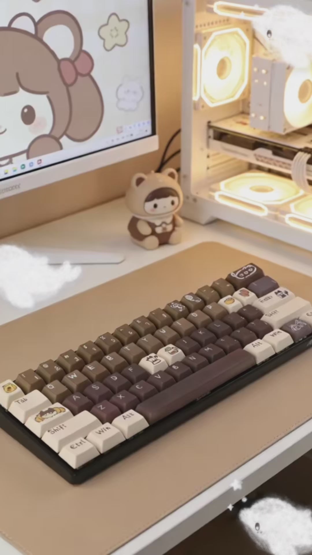 Cute Cat & Coffee Themed PBT Keycap Set - Brown Beige Tones for Mechanical Keyboards