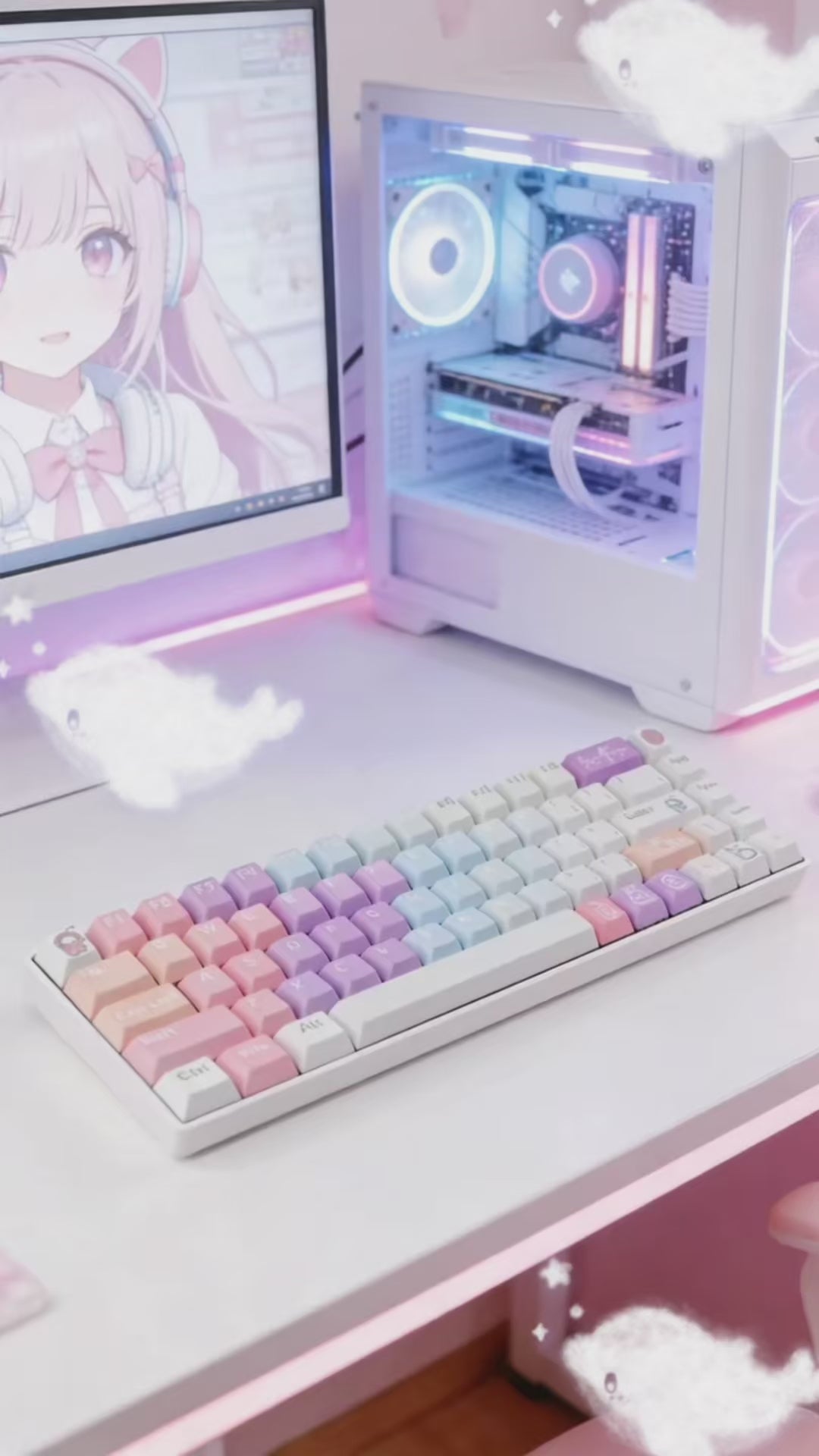 Pastel Space Adventure 142-Key PBT Dye-Sub Keycap Set, Cute Rocket & Planet Keycaps for Mechanical Keyboards