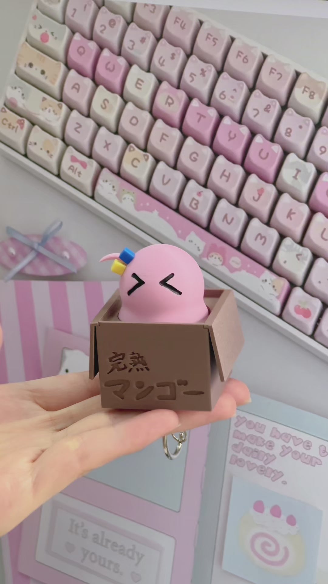 Adorable Pink Slime in Cardboard Box Clicker Fidget Keychain - Cute Gamer Accessory
