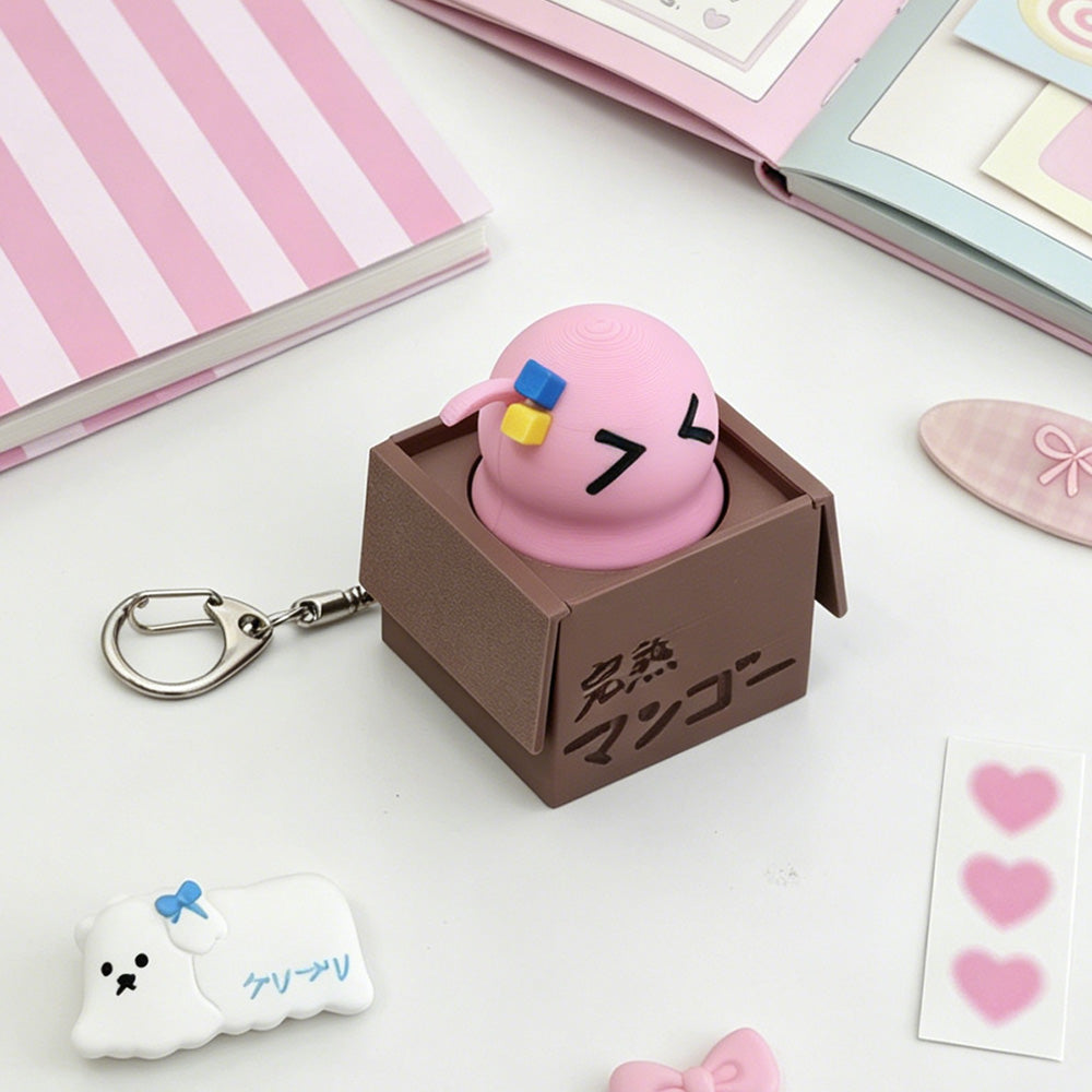 Adorable Pink Slime in Cardboard Box Clicker Fidget Keychain - Cute Gamer Accessory